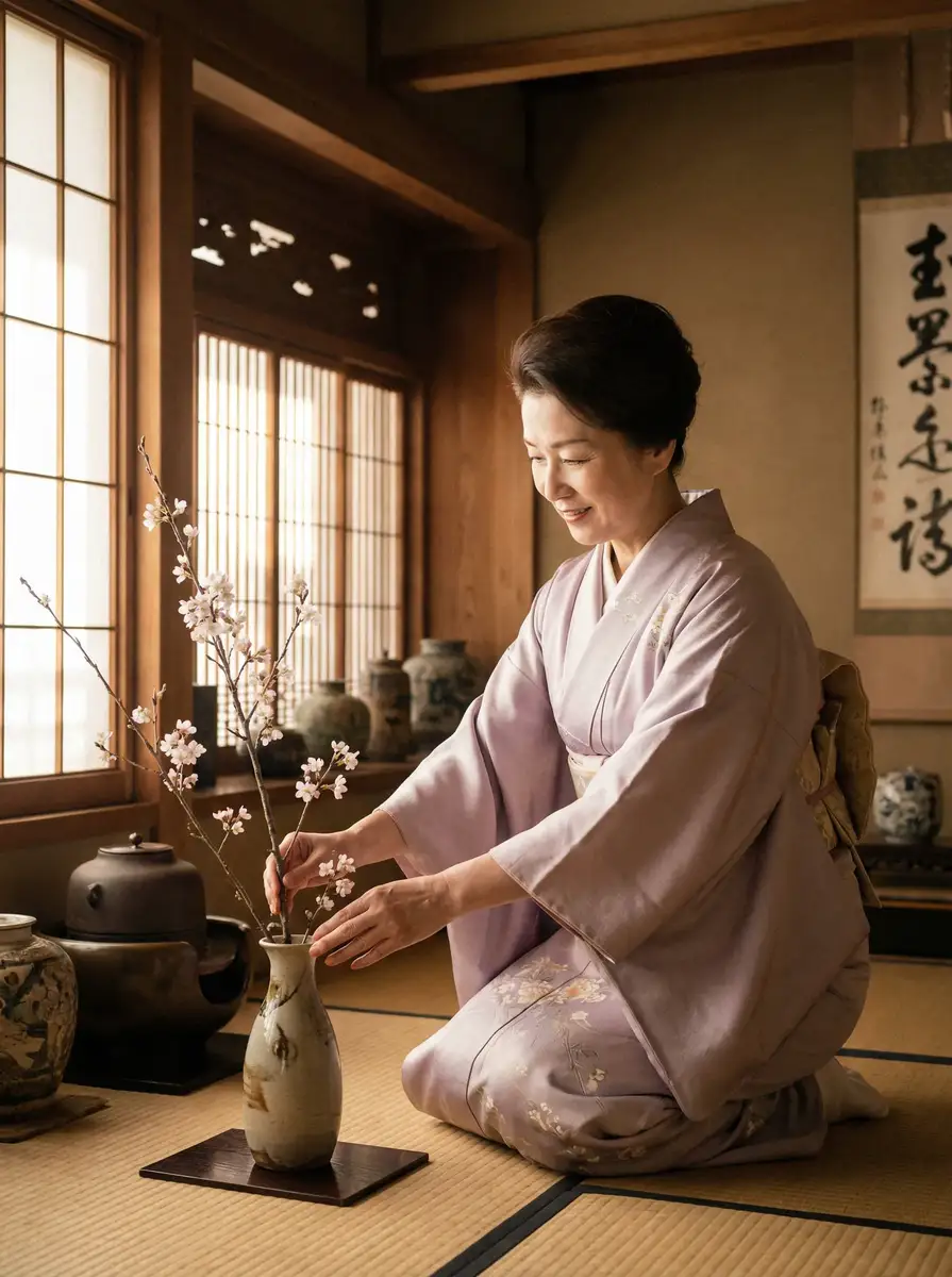 一位优雅的 天博体育平台 在和室中插花