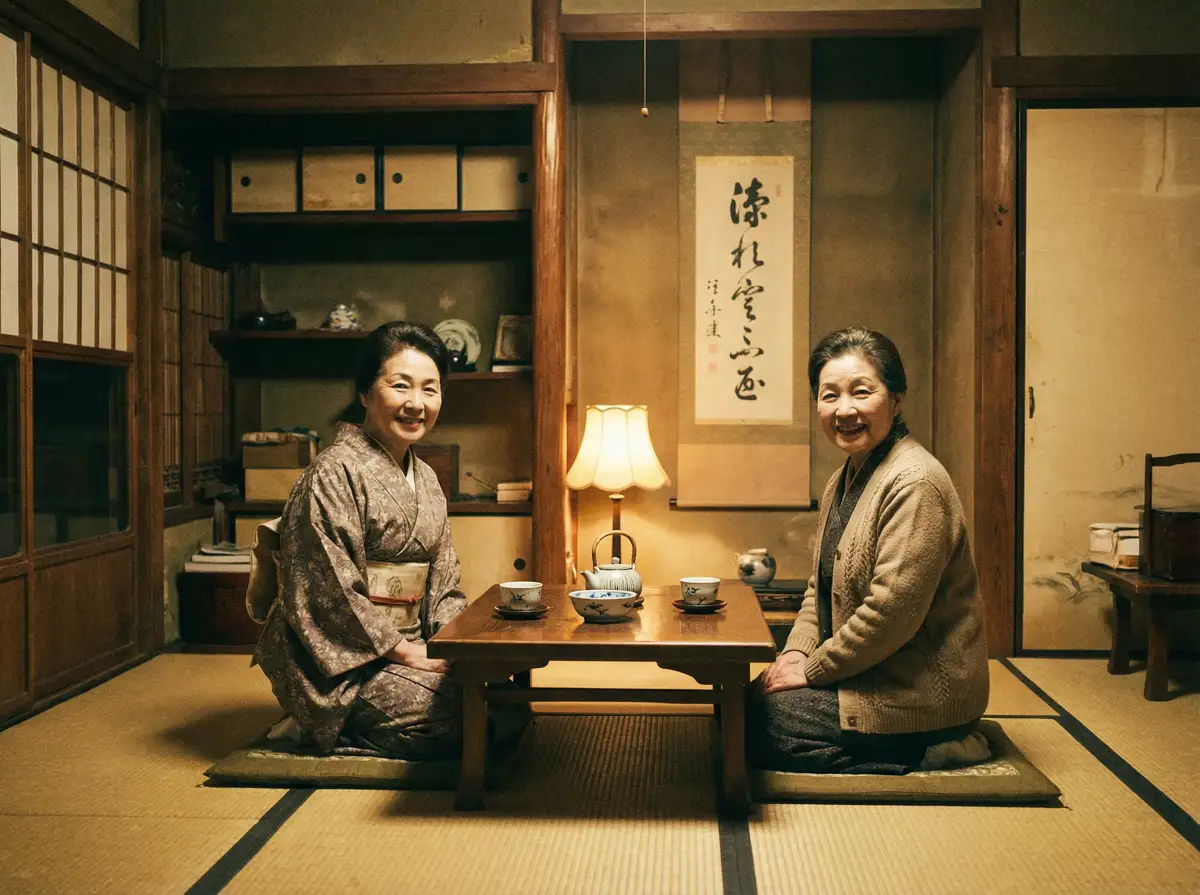 两位优雅的 天博体育平台 在日式茶室中品茶交谈